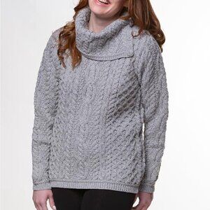 Aran Mor Ireland Merino Wool Cable Knit Cowl Button Neck Sweater Size L